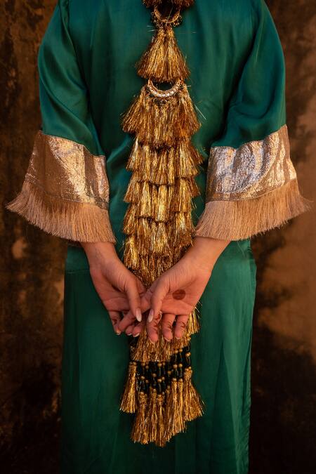 Avaasya Jaipur_Green Gabardine, Silk Fringe, Tassels V-neck Straight Kurta And Pant Set _Online_at_Aza_Fashions