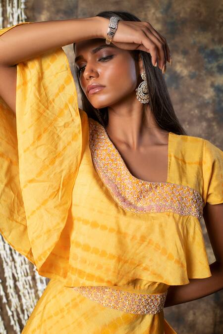 Kesar Studio_Yellow Silk Beads Asymmetric Shibori Dye Top And Overlay Pant Set_Online_at_Aza_Fashions