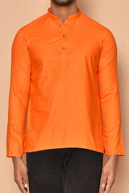 Aryavir Malhotra Orange Cotton Straight Full Sleeve Short Kurta  3