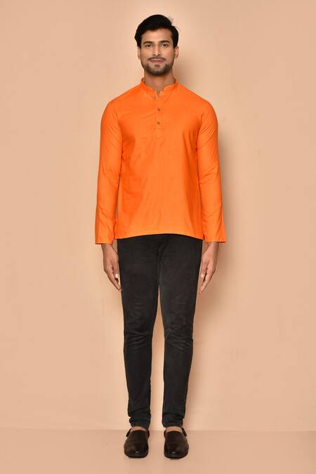 Aryavir Malhotra Orange Cotton Straight Full Sleeve Short Kurta  4