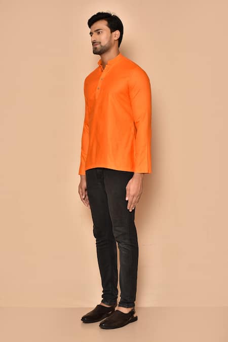 Aryavir Malhotra Orange Cotton Straight Full Sleeve Short Kurta  5