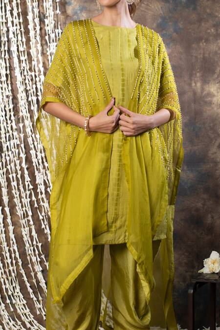 Kesar Studio Green Silk, Organza Round Neck Pipe Embellished Cape Dhoti Pant Set Online at Aza Fashions Kesar Studio_Green Silk, Organza Round Neck Pipe Embellished Cape Dhoti Pant Set_Online_at_Aza_Fashions