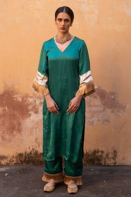 Shop_Avaasya Jaipur_Green Gabardine, Silk Fringe, Tassels V-neck Straight Kurta And Pant Set _Online_at_Aza_Fashions