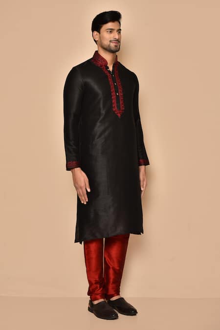 Arihant Rai Sinha_Black Silk Embroidery Placed Paisley Pattern Kurta Churidar Set _at_Aza_Fashions