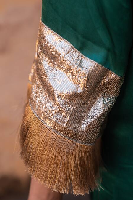 Shop_Avaasya Jaipur_Green Gabardine, Silk Fringe, Tassels V-neck Straight Kurta And Pant Set 