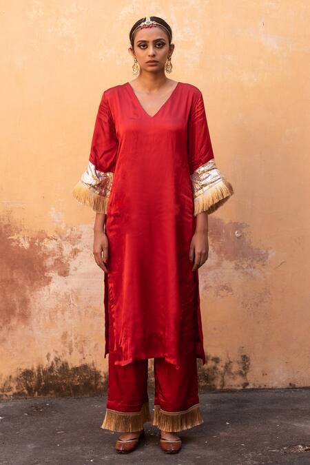 Buy_Avaasya Jaipur_Red Gabardine, Silk Fringe, Embroidery Sleeve Embellished Kurta And Pant Set  _Online_at_Aza_Fashions