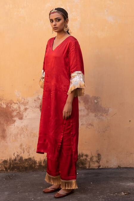 Shop_Avaasya Jaipur_Red Gabardine, Silk Fringe, Embroidery Sleeve Embellished Kurta And Pant Set  _Online_at_Aza_Fashions