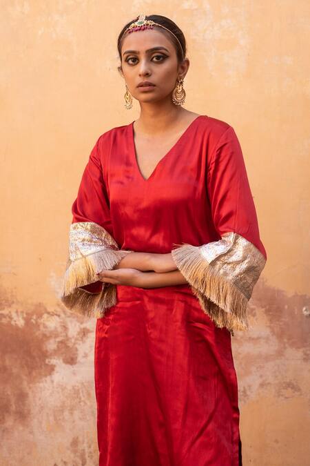 Avaasya Jaipur_Red Gabardine, Silk Fringe, Embroidery Sleeve Embellished Kurta And Pant Set  _at_Aza_Fashions