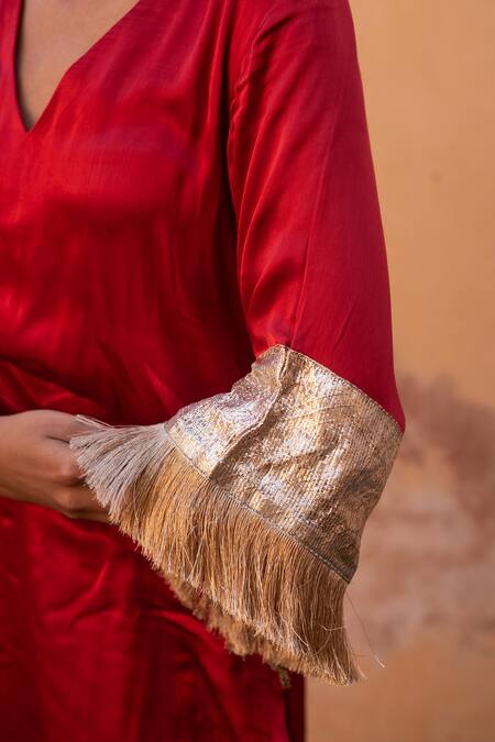 Buy_Avaasya Jaipur_Red Gabardine, Silk Fringe, Embroidery Sleeve Embellished Kurta And Pant Set  