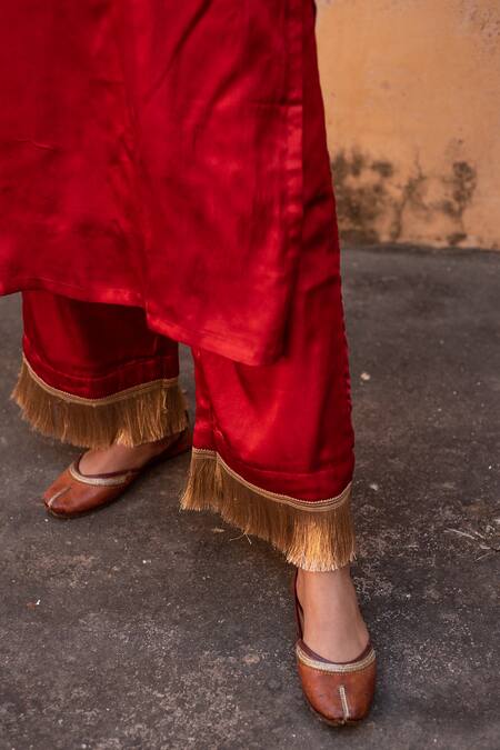 Shop_Avaasya Jaipur_Red Gabardine, Silk Fringe, Embroidery Sleeve Embellished Kurta And Pant Set  