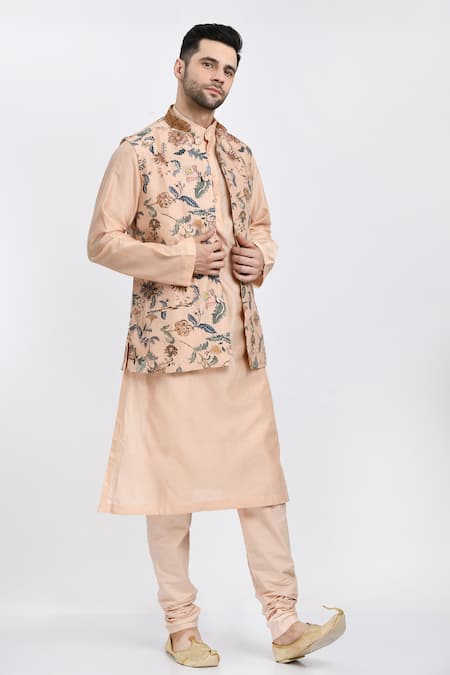 Samant Chauhan_Peach Cotton, Silk Embroidery Garden Print Bundi And Kurta Set _Online_at_Aza_Fashions