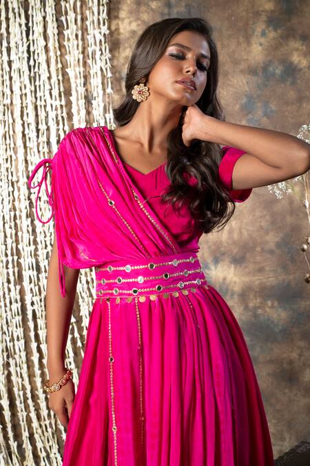 Kesar Studio_Pink Crepe Beads, Mirrors V-neck Work Drape Gown With Belt_Online_at_Aza_Fashions