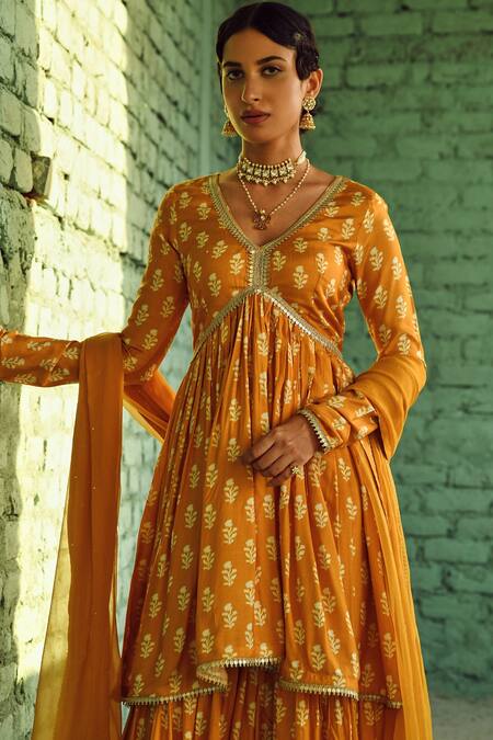 Karaj Jaipur_Yellow Muslin, Chiffon Lace, Tassels, Flower Print Flared Kurta Sharara Set_Online_at_Aza_Fashions