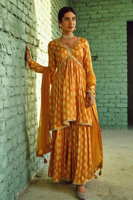 Buy_Karaj Jaipur_Yellow Muslin, Chiffon Lace, Tassels, Flower Print Flared Kurta Sharara Set_Online_at_Aza_Fashions