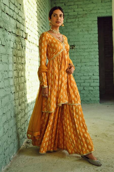 Shop_Karaj Jaipur_Yellow Muslin, Chiffon Lace, Tassels, Flower Print Flared Kurta Sharara Set_Online_at_Aza_Fashions