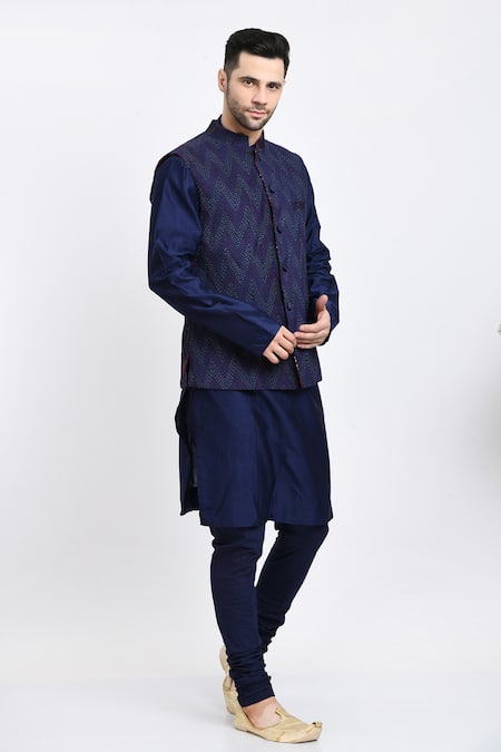 Shop Samant Chauhan Blue , Satin, Silk Embroidery Reversible Bundi And Kurta Set Online at Aza Fashions Shop_Samant Chauhan_Blue , Satin, Silk Embroidery Reversible Bundi And Kurta Set _Online_at_Aza_Fashions