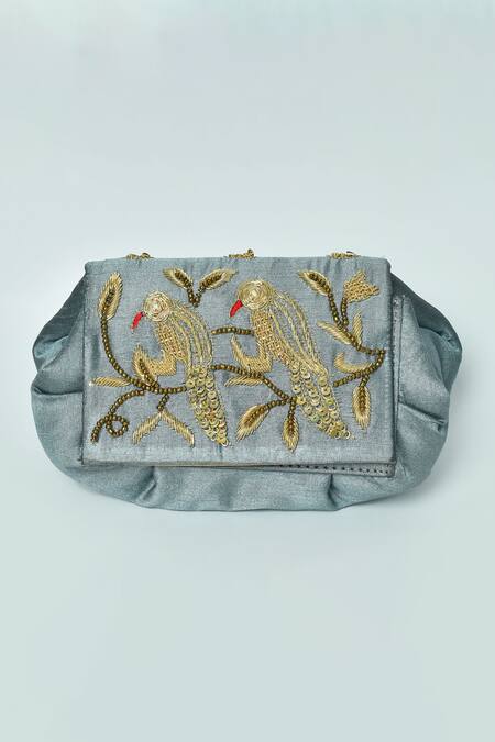 Shop_Nayaab By Aleezeh_Grey Embroidered Bird Pouch Bag_Online_at_Aza_Fashions
