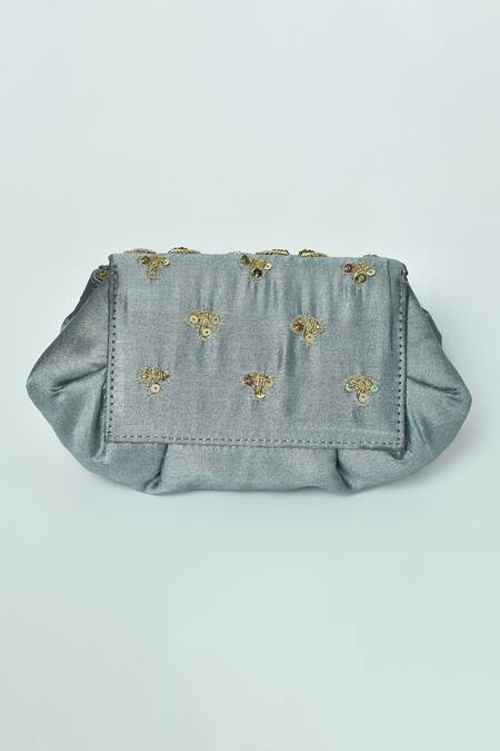 Nayaab By Aleezeh_Grey Embroidered Bird Pouch Bag_at_Aza_Fashions