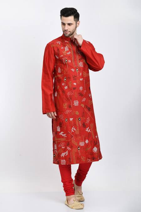 Samant Chauhan_Red Suede Embroidery Thread Kurta Set _Online_at_Aza_Fashions