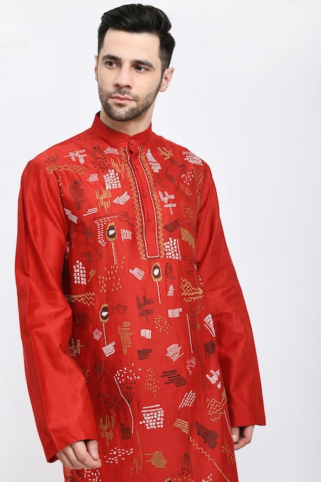 Buy_Samant Chauhan_Red Suede Embroidery Thread Kurta Set _Online_at_Aza_Fashions