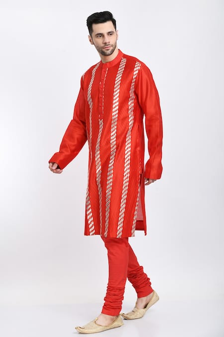 Samant Chauhan_Red Vegan Leather Embroidery Gota Kurta Set _Online_at_Aza_Fashions
