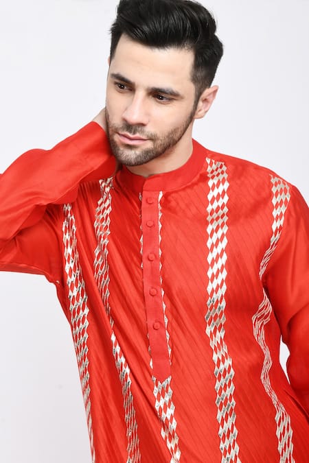 Shop_Samant Chauhan_Red Vegan Leather Embroidery Gota Kurta Set _Online_at_Aza_Fashions