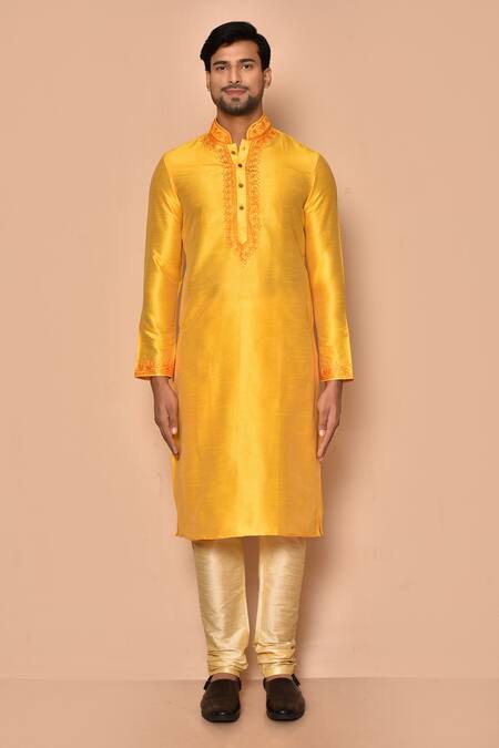 Buy Arihant Rai Sinha Yellow Silk, Polyester Embroidery Floral Placket Kurta And Churidar Set Online at Aza Fashions Buy_Arihant Rai Sinha_Yellow Silk, Polyester Embroidery Floral Placket Kurta And Churidar Set _Online_at_Aza_Fashions
