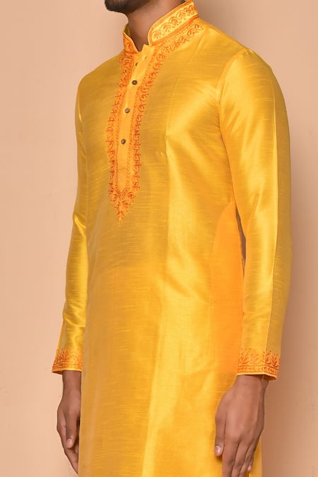 Shop Arihant Rai Sinha Yellow Silk, Polyester Embroidery Floral Placket Kurta And Churidar Set Online at Aza Fashions Shop_Arihant Rai Sinha_Yellow Silk, Polyester Embroidery Floral Placket Kurta And Churidar Set _Online_at_Aza_Fashions