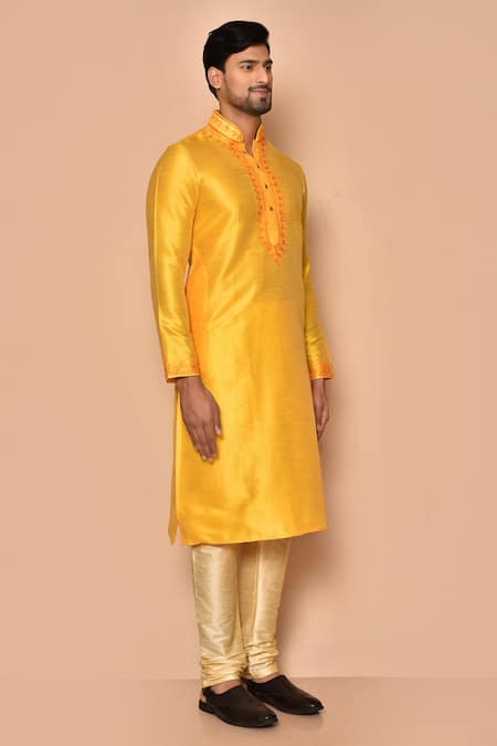 Arihant Rai Sinha Yellow Silk, Polyester Embroidery Floral Placket Kurta And Churidar Set at Aza Fashions Arihant Rai Sinha_Yellow Silk, Polyester Embroidery Floral Placket Kurta And Churidar Set _at_Aza_Fashions