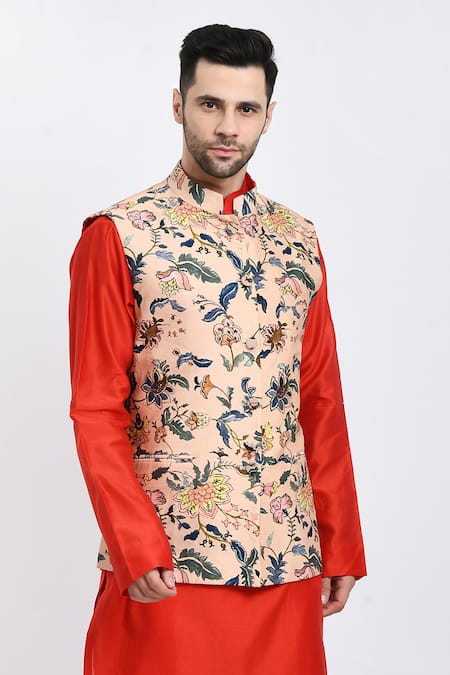 Buy_Samant Chauhan_Peach Suede Printed Tropical Bundi Set _Online_at_Aza_Fashions