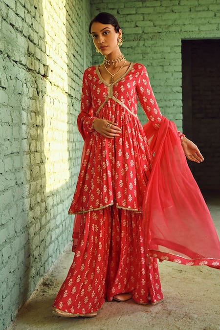 Shop_Karaj Jaipur_Red Muslin, Chiffon Lace, Tassels V-neck Floret Print Flared Kurta Sharara Set _Online_at_Aza_Fashions
