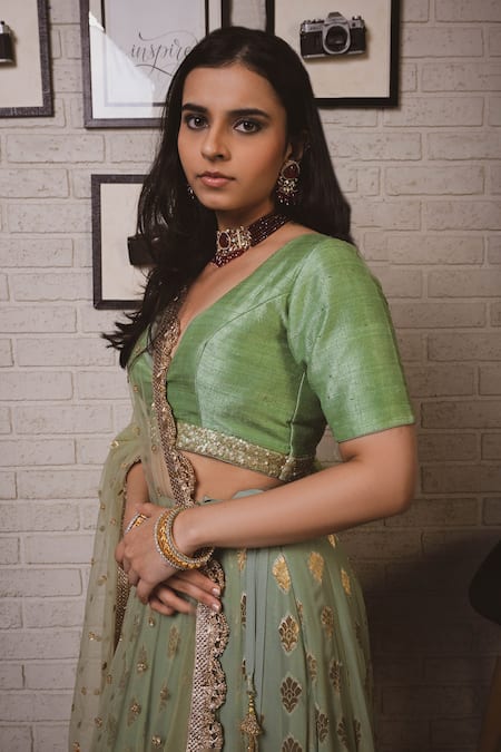 Shop_Priti Sahni_Green Georgette, Tulle, Silk Gota Patti, Floral Pattern Frill Lehenga Set _Online_at_Aza_Fashions