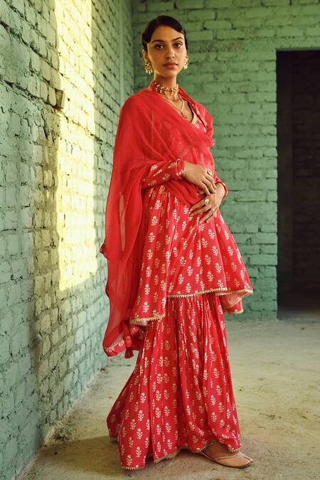 Karaj Jaipur_Red Muslin, Chiffon Lace, Tassels V-neck Floret Print Flared Kurta Sharara Set _at_Aza_Fashions