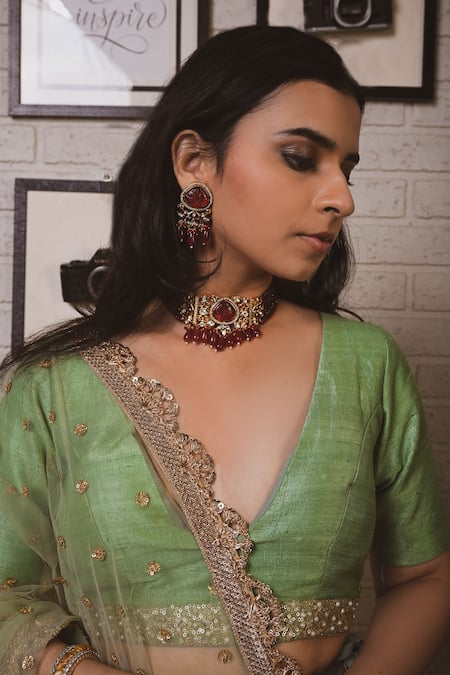 Priti Sahni_Green Georgette, Tulle, Silk Gota Patti, Floral Pattern Frill Lehenga Set _at_Aza_Fashions