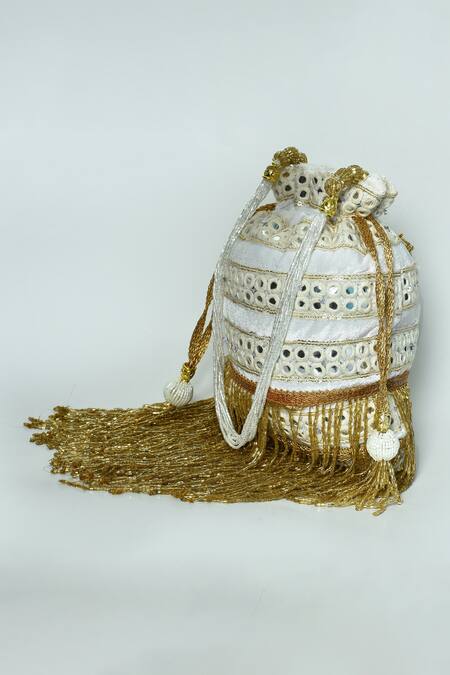 Nayaab By Aleezeh_White Mirror Embellishments Potli Bag_at_Aza_Fashions