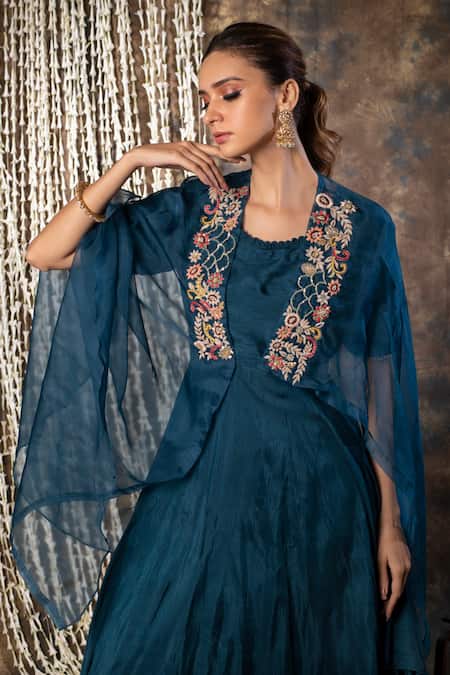 Kesar Studio_Blue Silk, Organza Pearls, Embroidery Square Placket Embellished Draped Gown _Online_at_Aza_Fashions