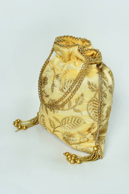 Shop_Nayaab By Aleezeh_Gold Dhaga Embroidery Floral Potli Bag_Online_at_Aza_Fashions