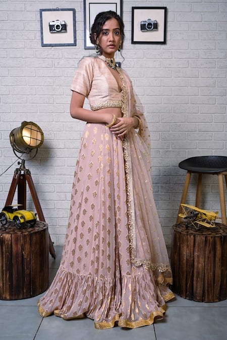 Priti Sahni Beige Silk, Georgette, Organza, Tulle Embroidery, Scalloped Dupatta Lehenga Set Online at Aza Fashions Priti Sahni_Beige Silk, Georgette, Organza, Tulle Embroidery, Scalloped Dupatta Lehenga Set _Online_at_Aza_Fashions
