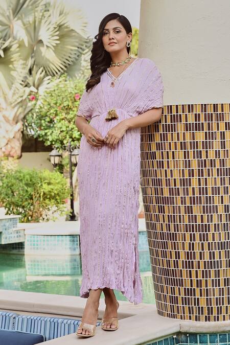 Palak & Mehak_Purple Rayon, Lurex Tassels V-neck Masha Stripe Woven Kaftan _Online_at_Aza_Fashions