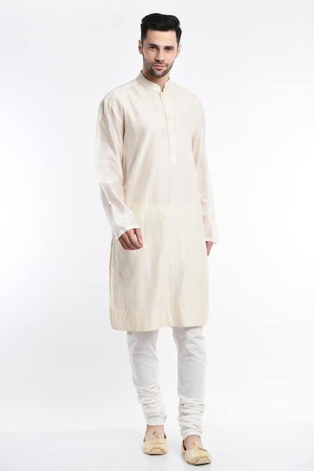 Samant Chauhan_Ivory , Satin Embroidery Mandarin Collar Kurta Set _Online_at_Aza_Fashions