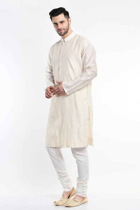 Buy_Samant Chauhan_Ivory , Satin Embroidery Mandarin Collar Kurta Set _Online_at_Aza_Fashions