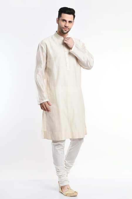 Shop_Samant Chauhan_Ivory , Satin Embroidery Mandarin Collar Kurta Set _Online_at_Aza_Fashions