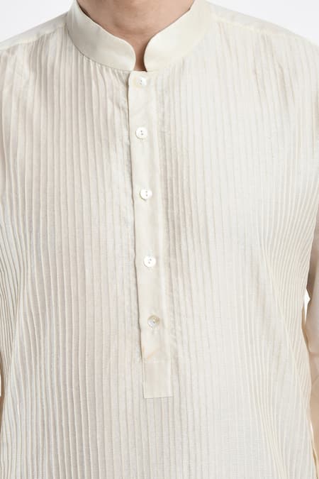 Samant Chauhan_Ivory , Satin Embroidery Mandarin Collar Kurta Set _at_Aza_Fashions