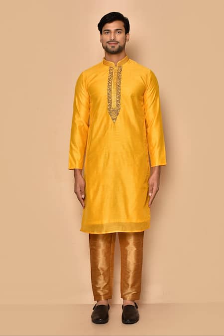 Buy_Arihant Rai Sinha_Yellow Silk Cut Work Dana Embroidered Kurta With Pajama _Online_at_Aza_Fashions