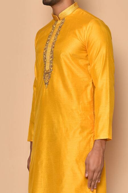 Shop_Arihant Rai Sinha_Yellow Silk Cut Work Dana Embroidered Kurta With Pajama _Online_at_Aza_Fashions