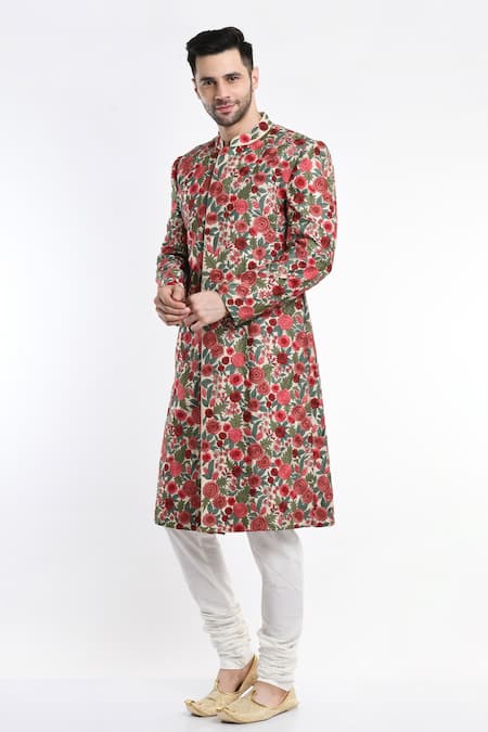 Samant Chauhan_Ivory Suede, Cotton Embroidery Floral Sherwani Set _Online_at_Aza_Fashions