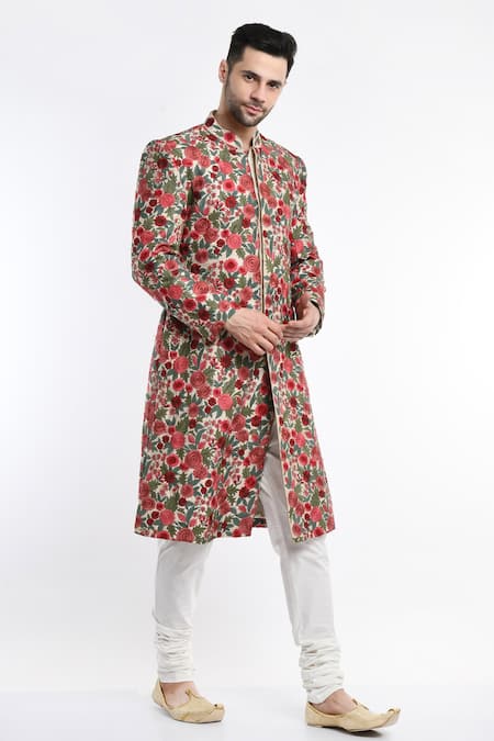 Buy_Samant Chauhan_Ivory Suede, Cotton Embroidery Floral Sherwani Set _Online_at_Aza_Fashions