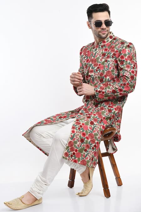 Shop_Samant Chauhan_Ivory Suede, Cotton Embroidery Floral Sherwani Set _Online_at_Aza_Fashions