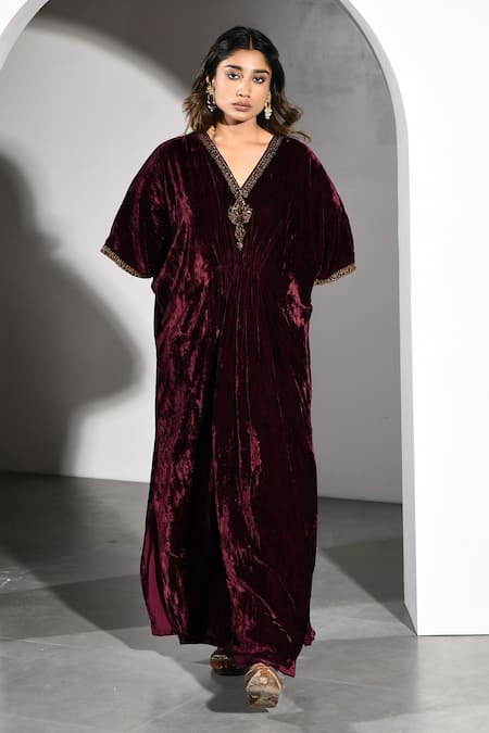 Buy_K-Anshika_Maroon Velvet Embroidery V-neck Zari Neckline Kaftan _Online_at_Aza_Fashions