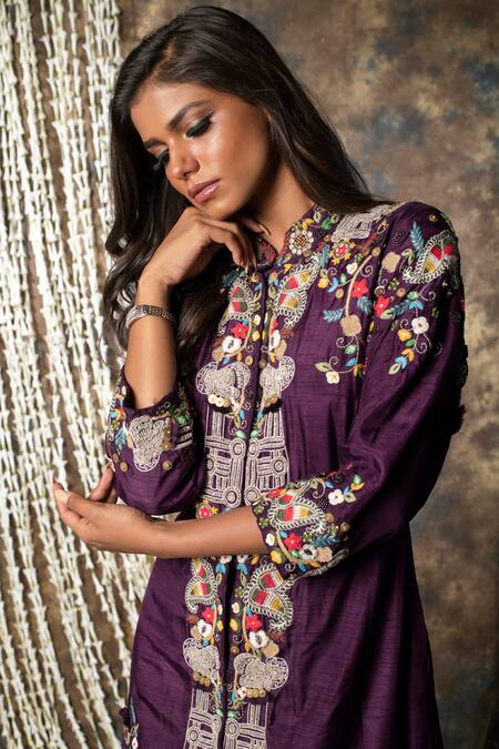 Kesar Studio_Purple Silk Embroidery Mandarin Collar Jacket With Inner_Online_at_Aza_Fashions